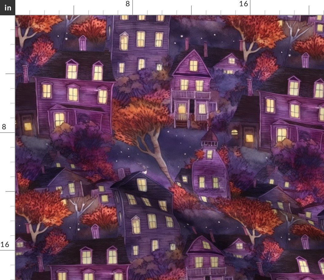 Bright Purple Haunted New England Village Watercolor Fabric