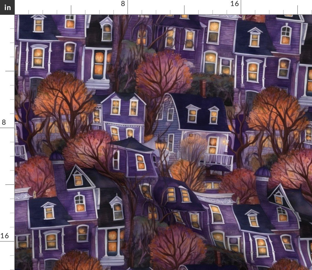 Bright Purple Haunted New England Village Watercolor Fabric