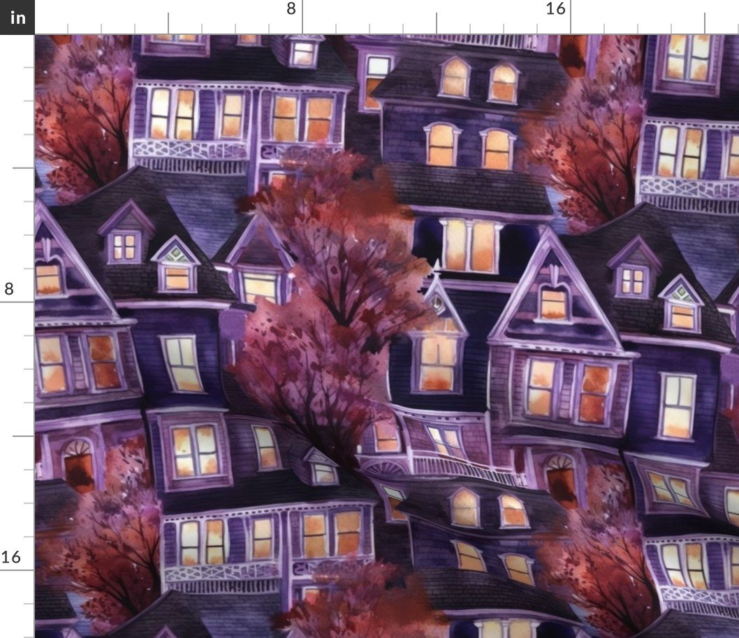Bright Purple Haunted New England Village Watercolor Fabric