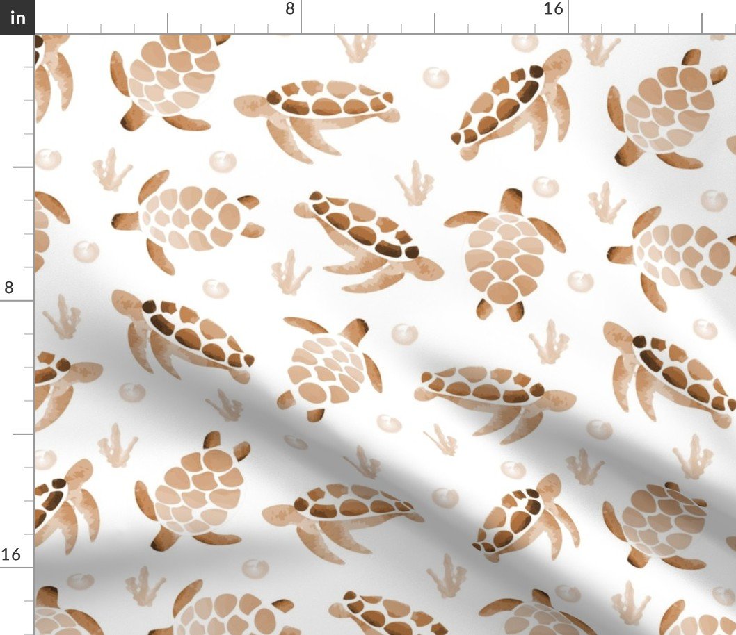 Brown Sepia Ombre Watercolor Sea Turtle Print Fabric