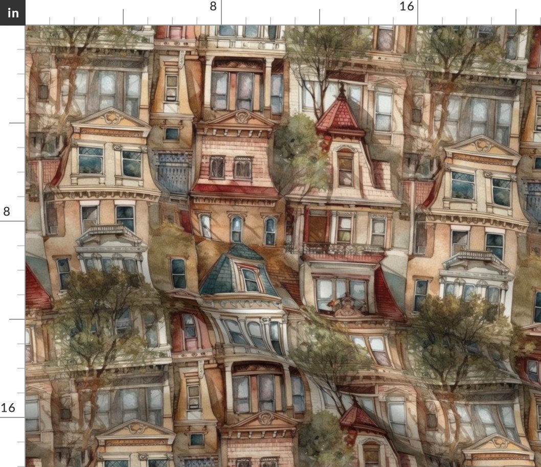 Brownstone Buildings in Varied Tones of Brown Watercolor Fabric