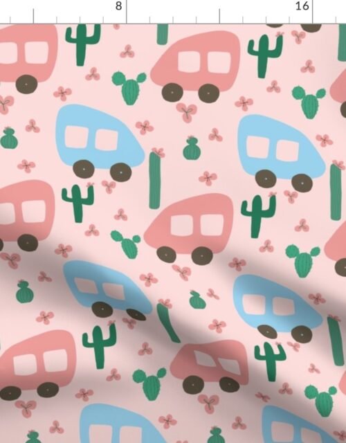 Camper Vans in Blue and Pink with Green Cactus and Pink Flowers Fabric