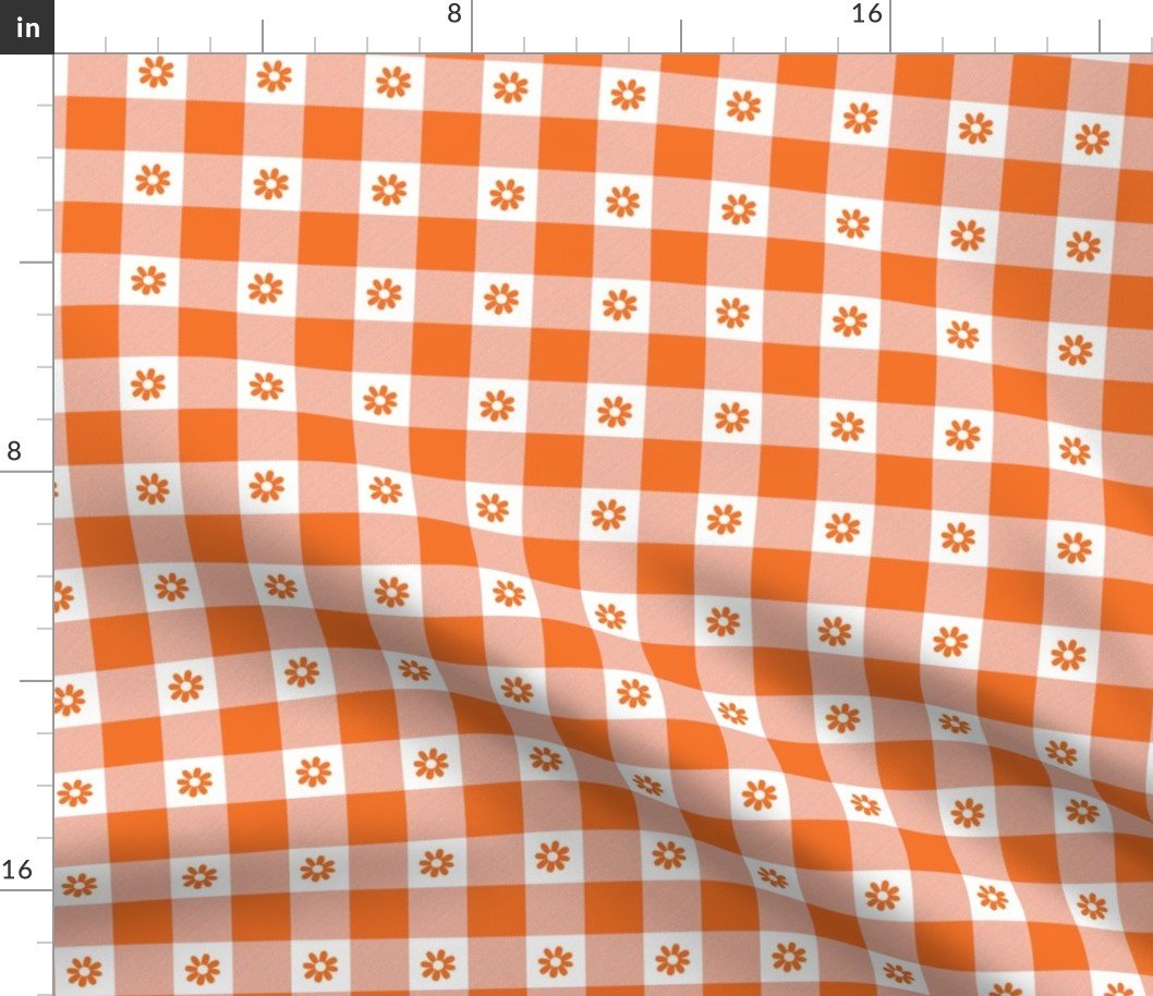 Carrot Orange and White Gingham Check with Center Floral Medallions in Carrot Fabric