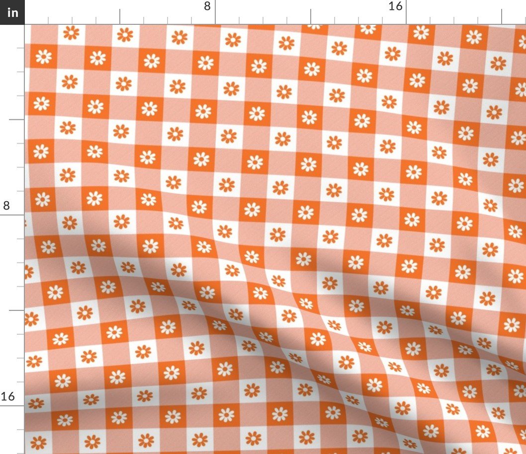 Carrot Orange and White Gingham Check with Center Floral Medallions in Carrot and White Fabric