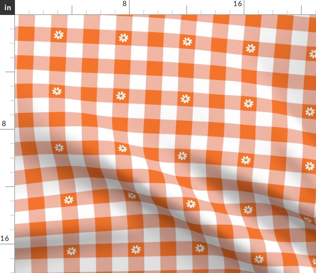 Carrot Orange and White Gingham Check with Center Floral Medallions in White Fabric