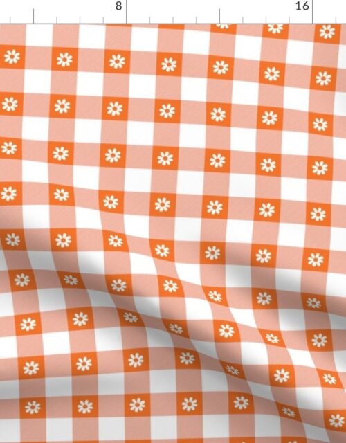 Carrot Orange and White Gingham Check with Center Floral Medallions in White Fabric