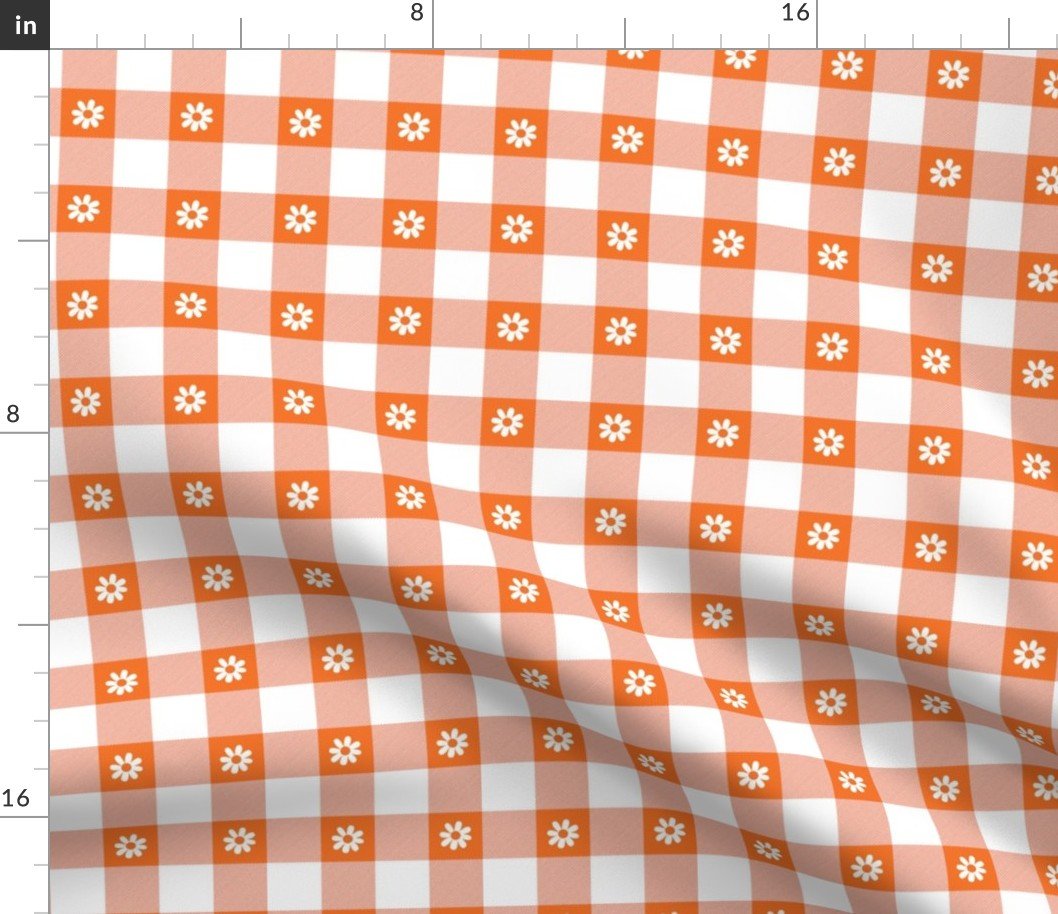 Carrot Orange and White Gingham Check with Center Floral Medallions in White Fabric