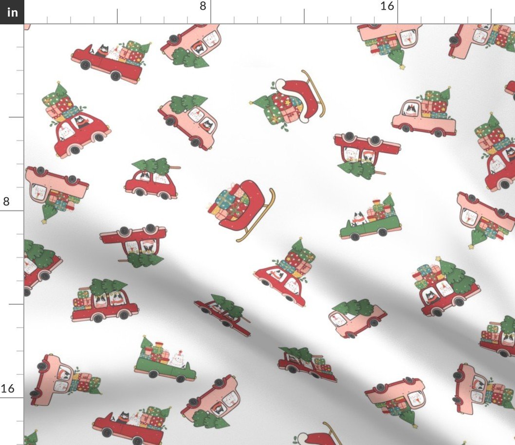 Cats in Christmas Cars and Sleigh Doodles in  Holiday Colors Red and Green on White Fabric