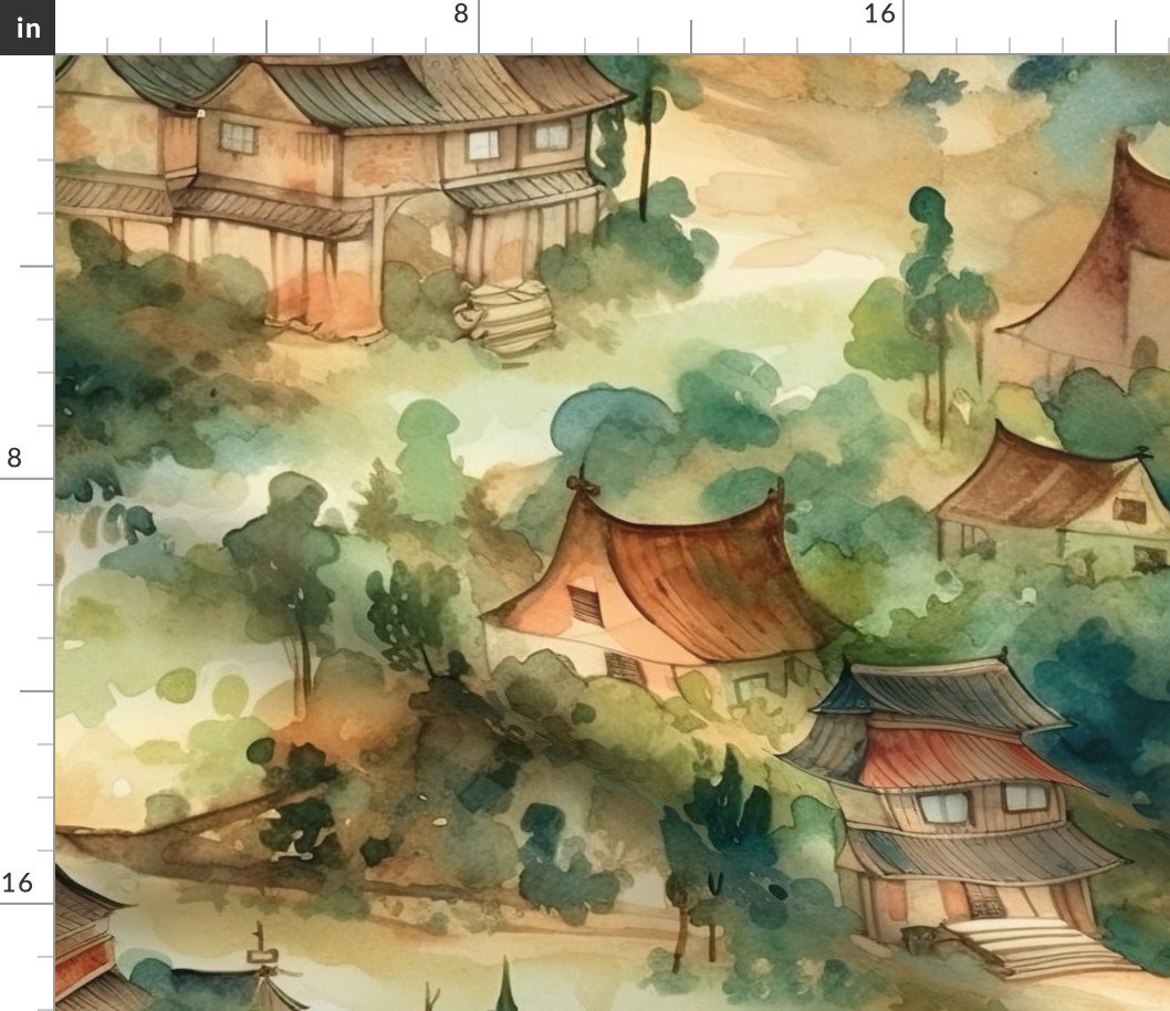 Chinese Village in Forest Watercolor Fabric
