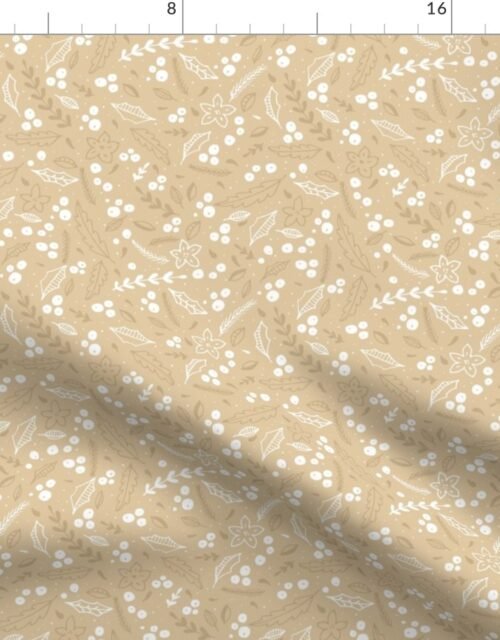 Christmas Beige and White  Small Holly  and Mistletoe Repeat on Pale Gold  Background Fabric