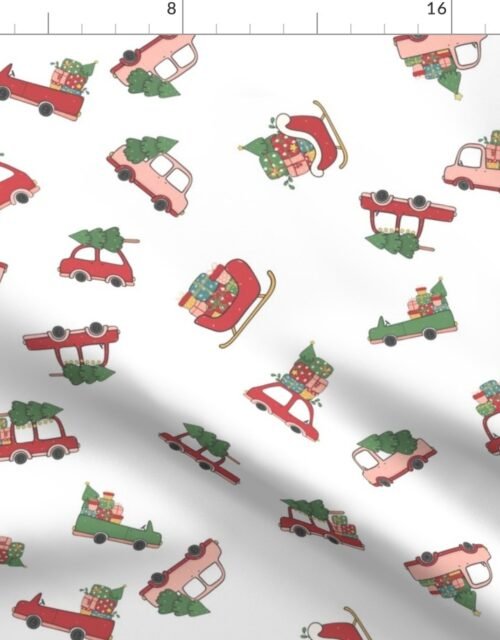 Christmas Cars and Sleigh Doodles in  Holiday Colors Red and Green on White Fabric
