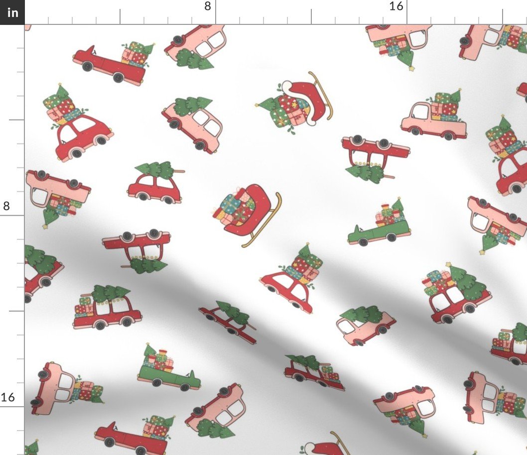 Christmas Cars and Sleigh Doodles in  Holiday Colors Red and Green on White Fabric