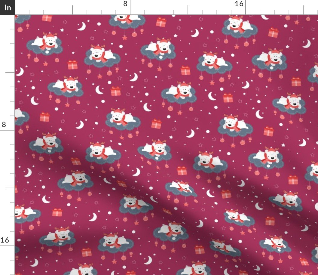 Christmas Cartoon Children’s Print Polar Bears on Clouds with Christmas Ornaments on Cranberry Red Fabric