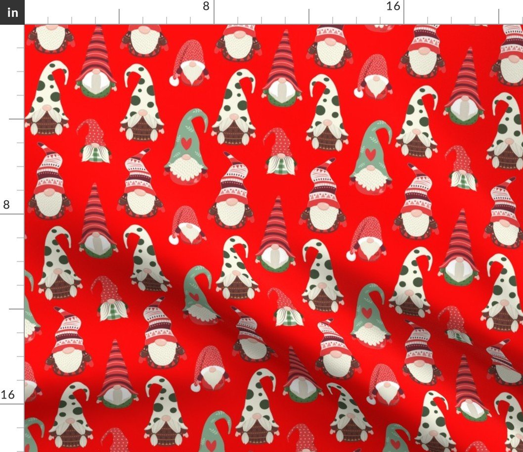 Christmas Gnomes in Holiday Green and Red Caps on Christmas Red Fabric