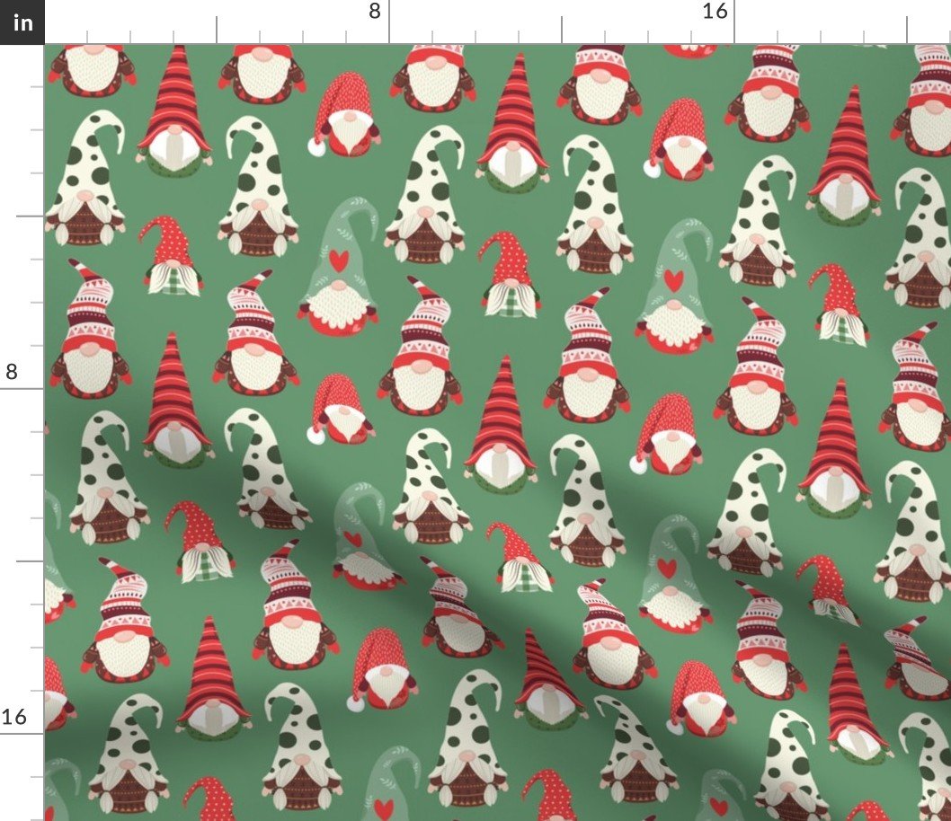 Christmas Gnomes in Holiday Green and Red Caps on Moss Green Fabric