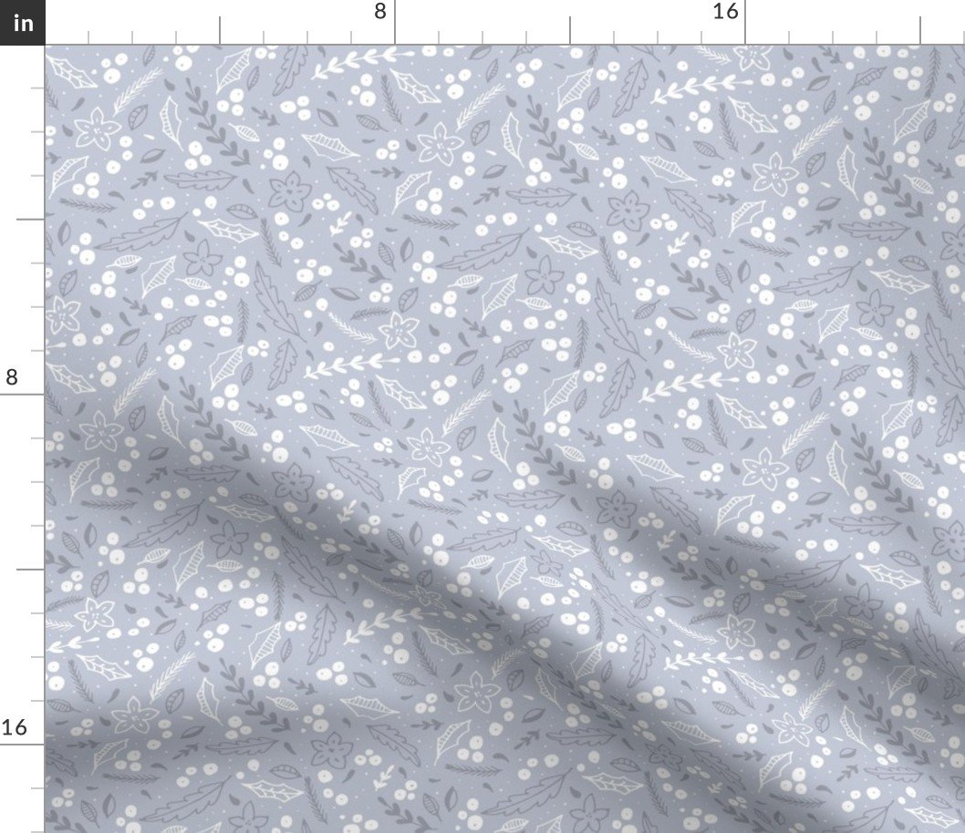 Christmas Grey and White  Small Holly  and Mistletoe Repeat on Pale Silver Background Fabric