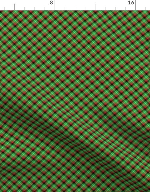 Christmas Holly Green, Red and Black and Argyle Tartan Plaid with Crossed White Lines Fabric