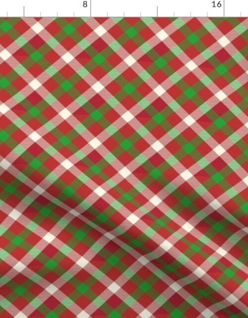 Christmas Holly Green and Red Diagonal Tartan with Crossed White Lines Fabric