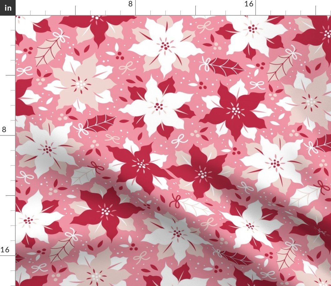 Christmas Red ,Champagne and White Jumbo Poinsettias Repeat on Bright Pink Background Fabric