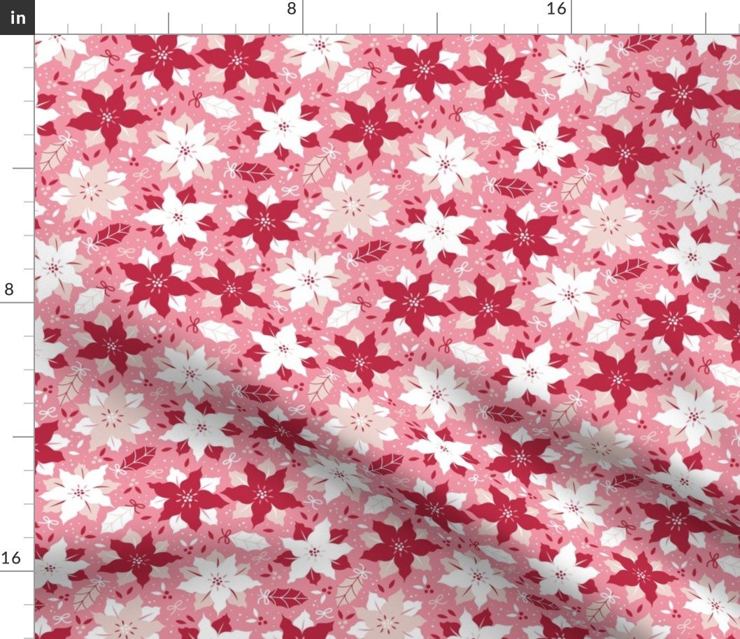 Christmas Red and Pale Champagne Small Poinsettias and Holly Repeat on Bright Pink Background Fabric
