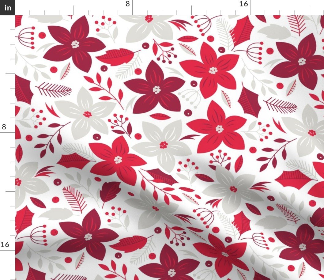 Christmas Red and Pale Silver Jumbo Poinsettias and Holly Repeat on Snow White Fabric