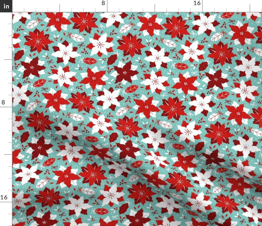 Christmas Red and White Poinsettias Small Repeat on Mint Green Background Fabric