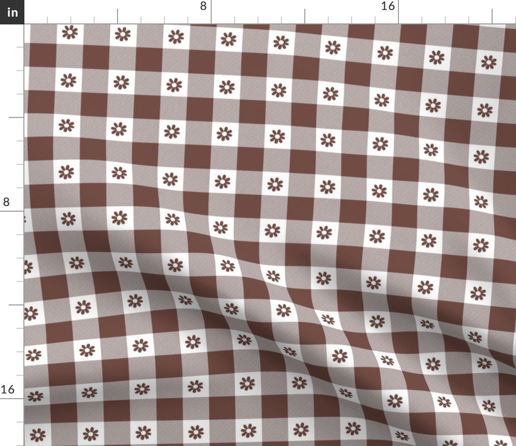 Cinnamon Brown and White Gingham Check with Center Floral Medallions in Cinnamon Fabric