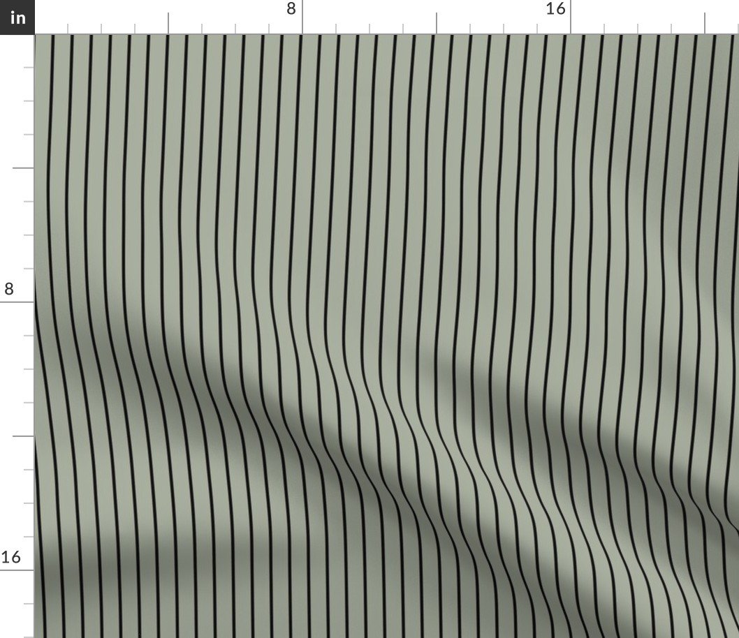 Classic 1/2 Inch Black Pinstripe on a Desert Sage Grey Green Background Fabric