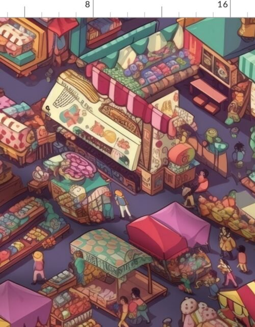 Colorful Shopping Market Stalls Fabric