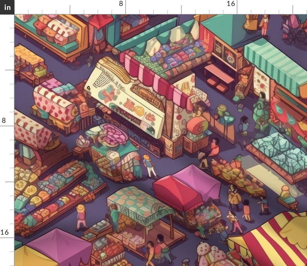 Colorful Shopping Market Stalls Fabric