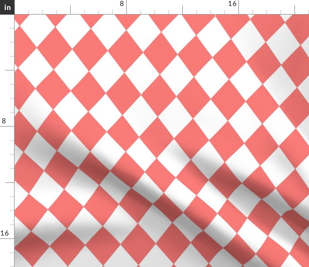 Coral Rose Small Modern Diamond Pattern on White Fabric