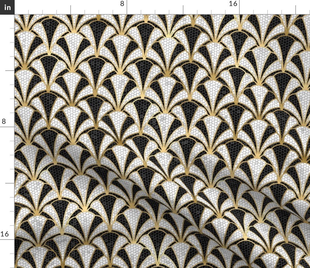 Crackled Scallop Shells in Black and Gold Art Deco Vintage Foil Pattern Fabric