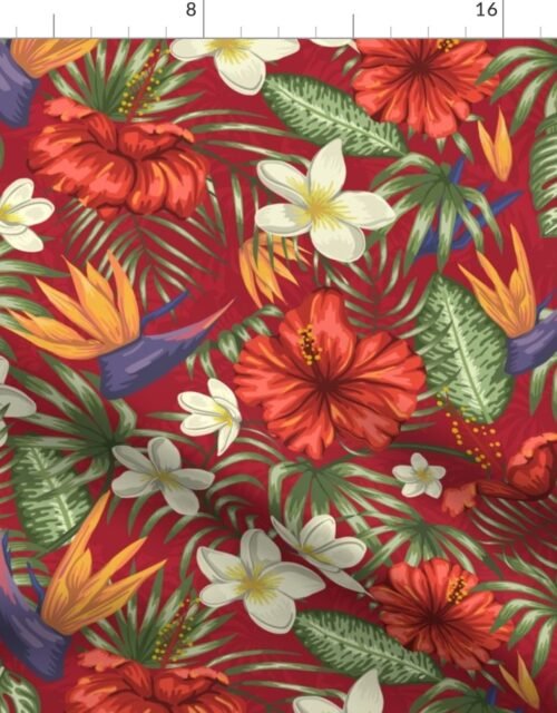 Crimson Red  Hibiscus Tropical Birds of Paradise and Plumeria Fabric