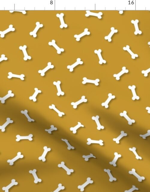 Cute White 3D  Cartoon Dog Bones On Mustard Background Fabric