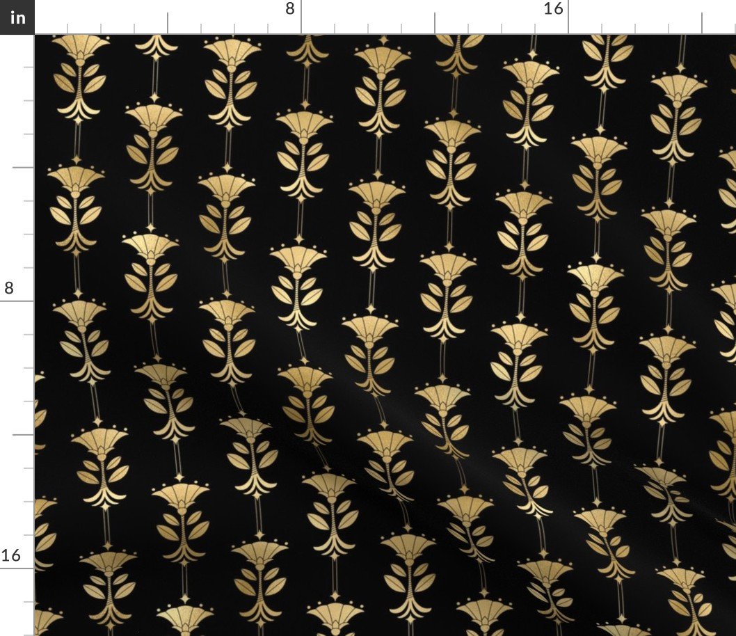 Damask Motifs in Black and Gold Vintage Faux Foil Art Deco Vintage Foil Pattern Fabric