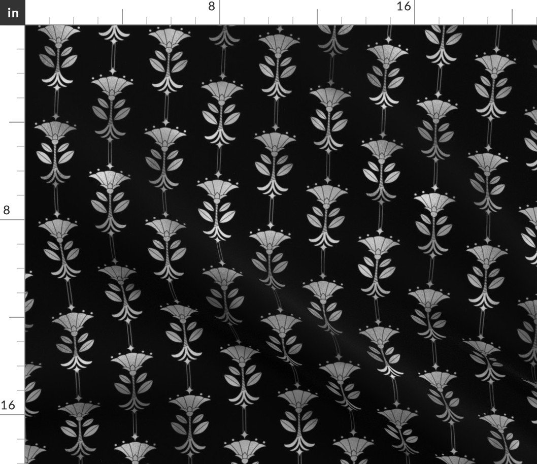 Damask Motifs in Black and Silver Vintage Faux Foil Art Deco Vintage Foil Pattern Fabric