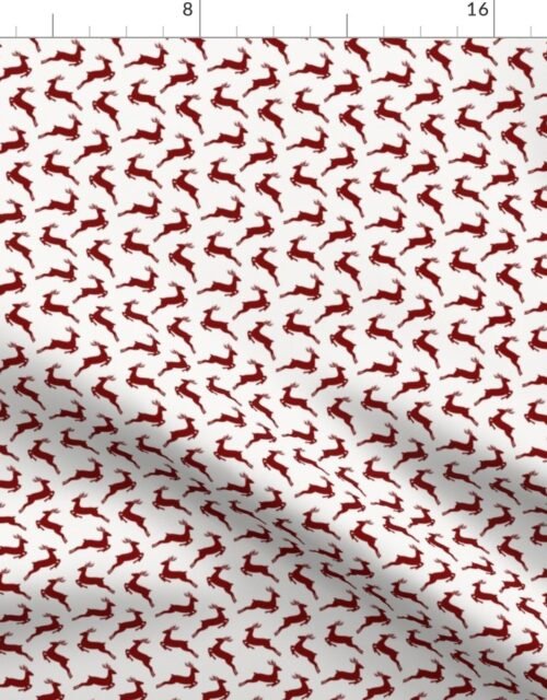 Dark Christmas Candy Apple Red Leaping Reindeer on White Fabric