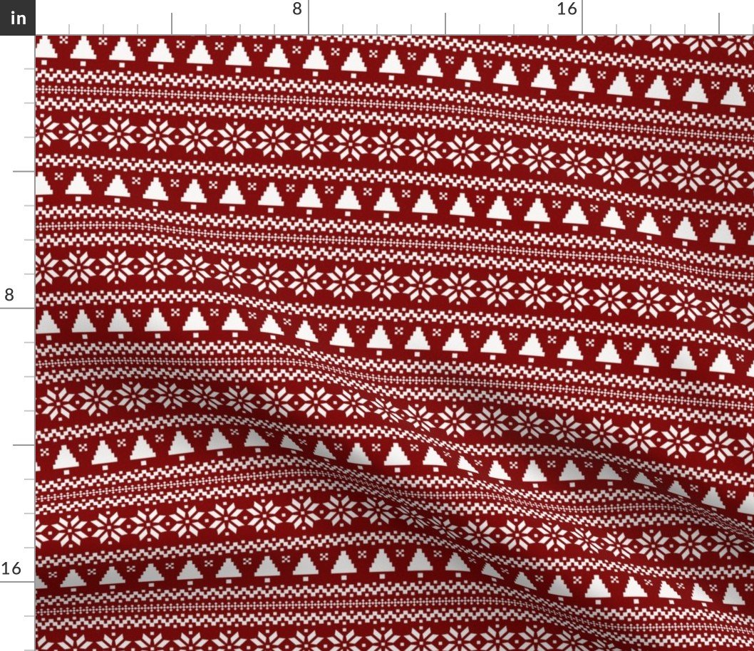 Dark Christmas Candy Apple Red Nordic Trees Stripe in White Fabric