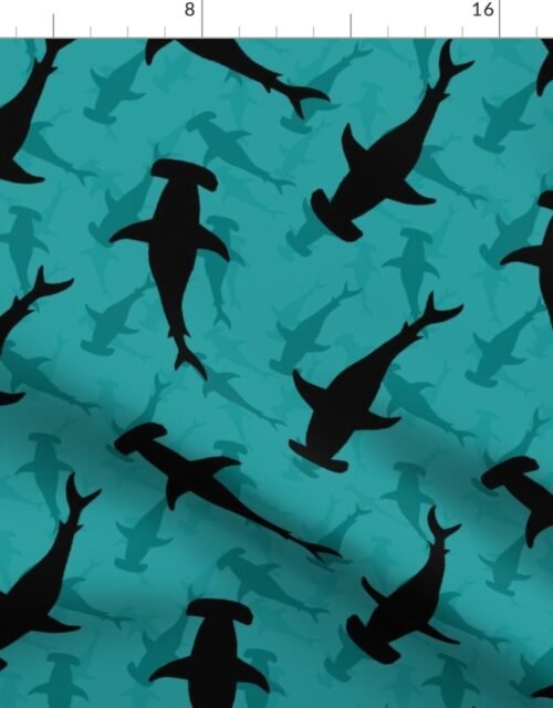 Dark Hammerhead Sharks Silhouette Circling  in Lagoon Blue Water Fabric