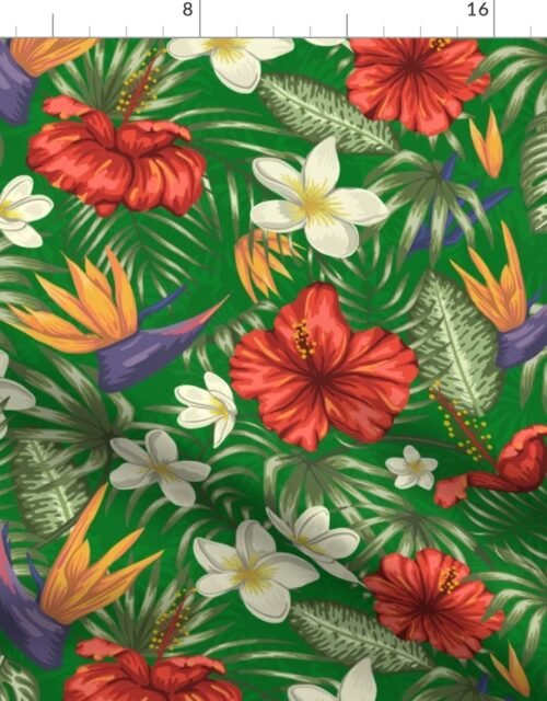 Dark Monstera Green Hawaiian Hibiscus Tropical Rainforest Birds Fabric