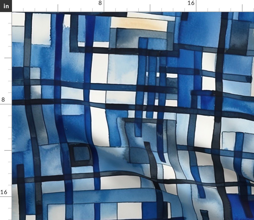 De_Stijl Geometric Primary Color Pattern in Blue Watercolor Fabric