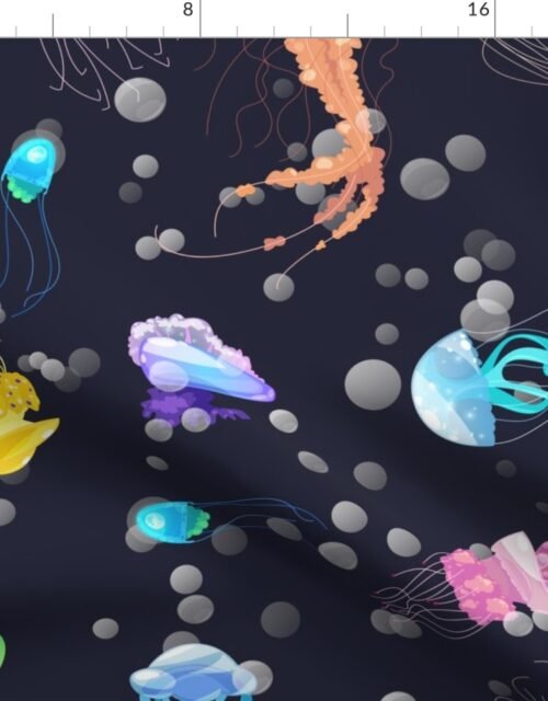 Deep Blue Antarctic Ocean with Swimming Dancing Translucent Jellyfish Fabric