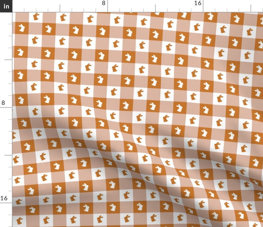 Desert Sun and White Gingham Easter Check with Center Bunny Medallions in Desert Sun and White Fabric