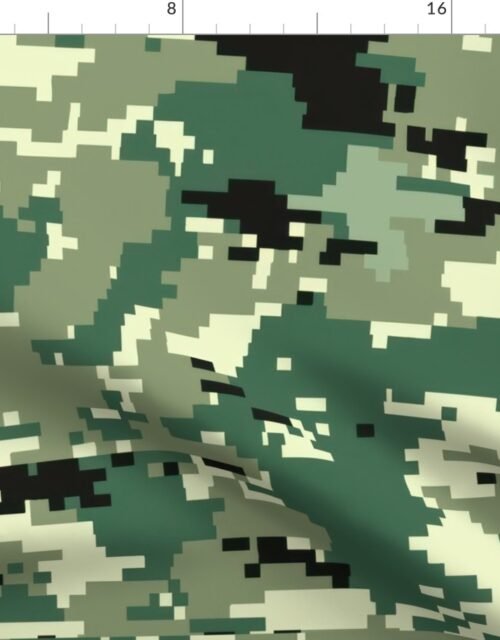 Digital Camouflage in Pixellated Swatches of Forest Green, Olive Drab and Black Fabric