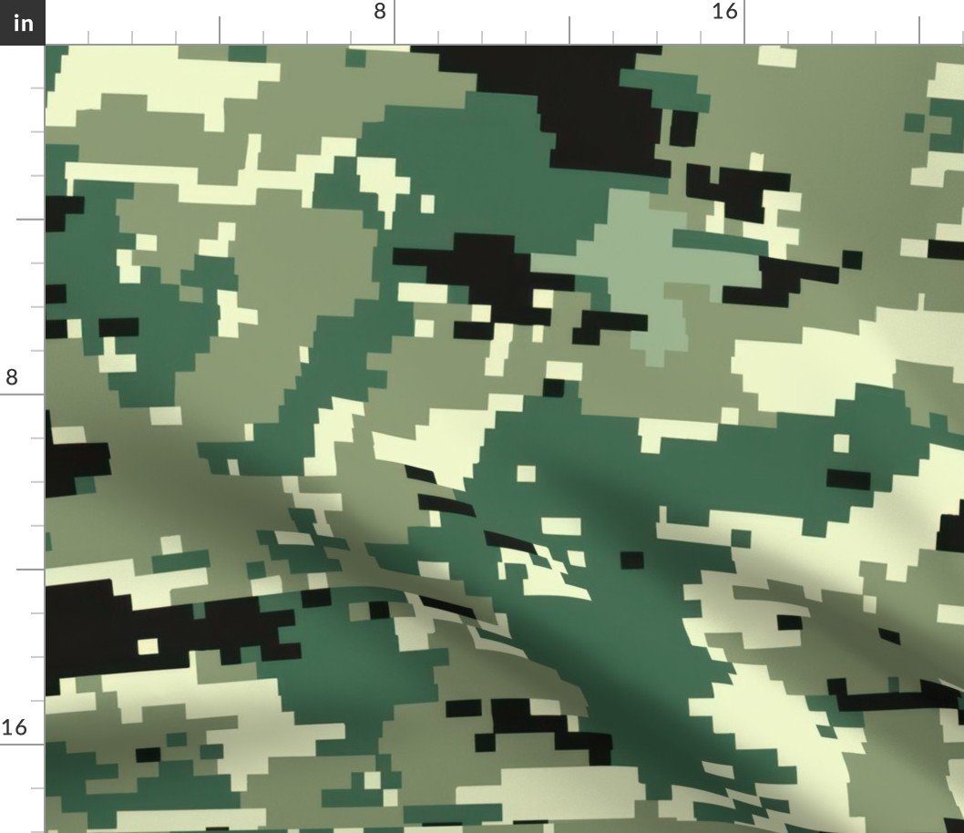 Digital Camouflage in Pixellated Swatches of Forest Green, Olive Drab and Black Fabric