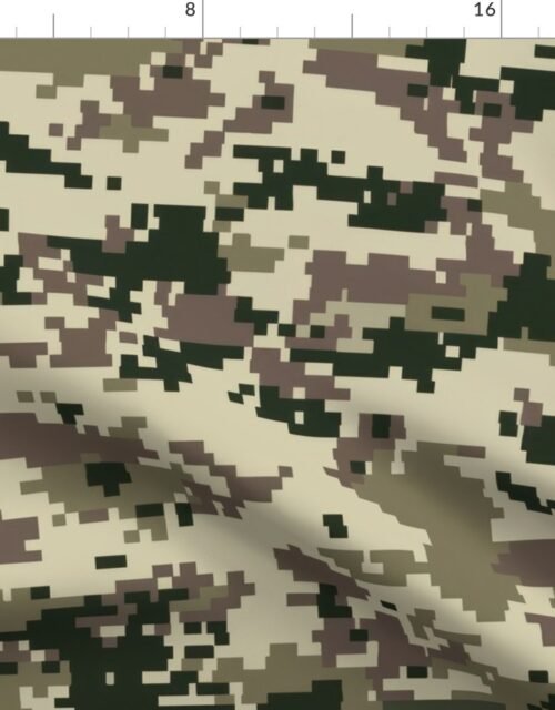 Digital Camouflage in Pixellated Swatches of Kkaki Beige, Olive Drab and Black Fabric