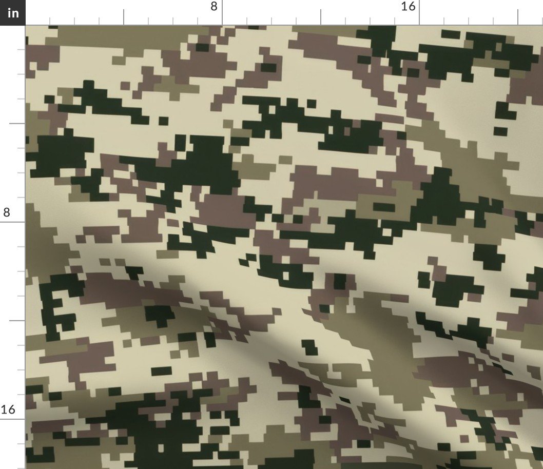 Digital Camouflage in Pixellated Swatches of Kkaki Beige, Olive Drab and Black Fabric