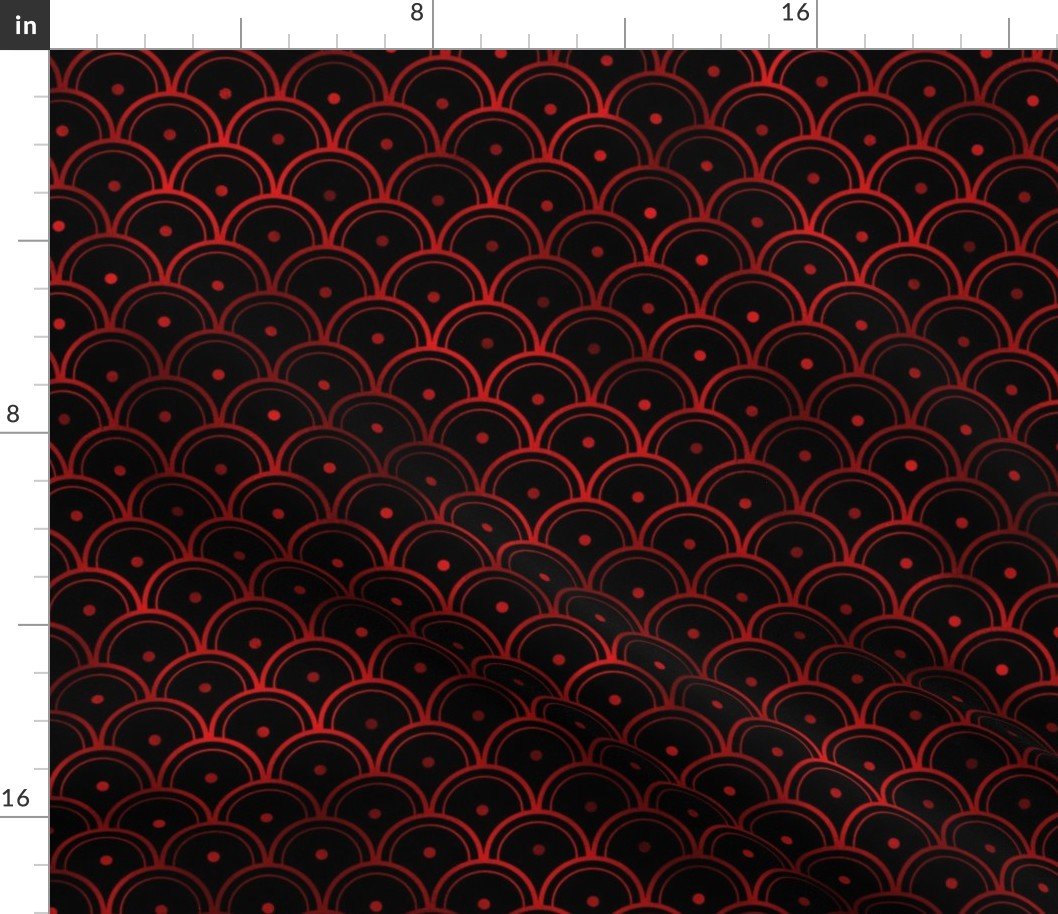 Dotted Scales in Black and Ruby Red Vintage Faux Foil Art Deco Vintage Foil Pattern Fabric