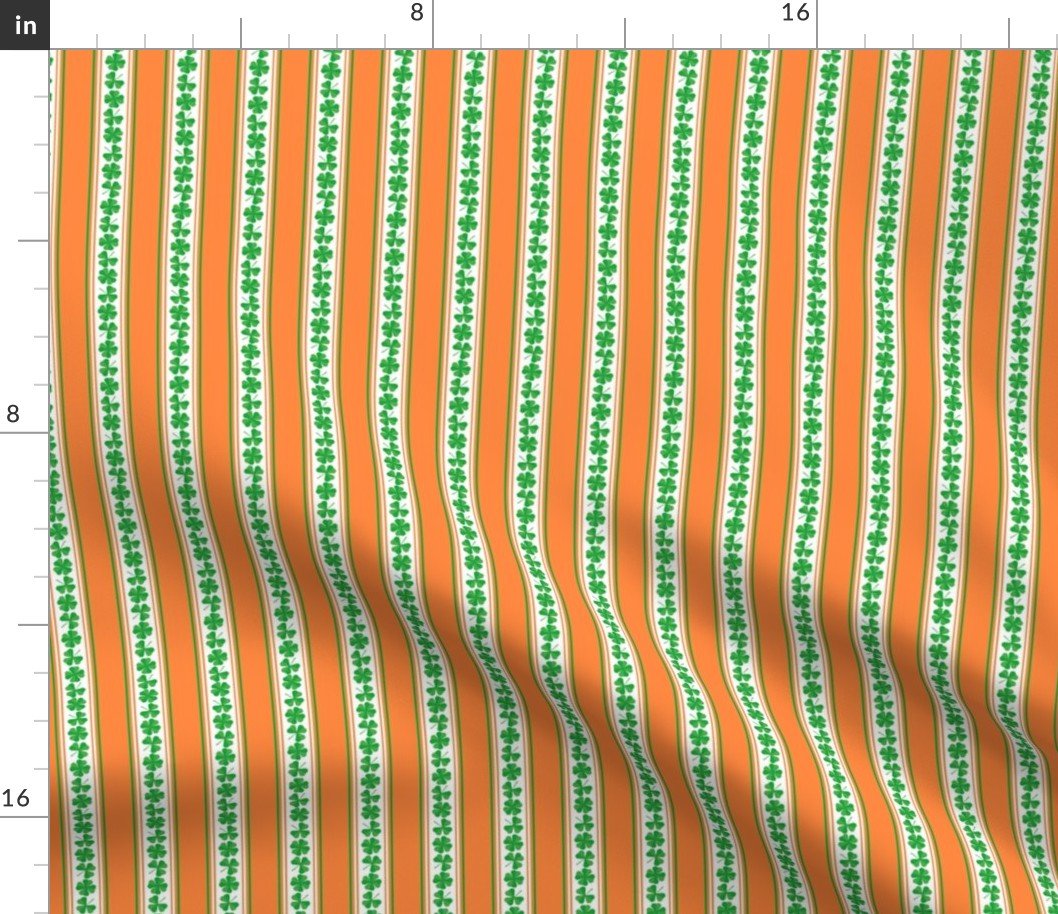 Double Striped Green and Orange St. Patricks 3 and 4-Leafed Shamrocks in Kelly Green on Orange Fabric