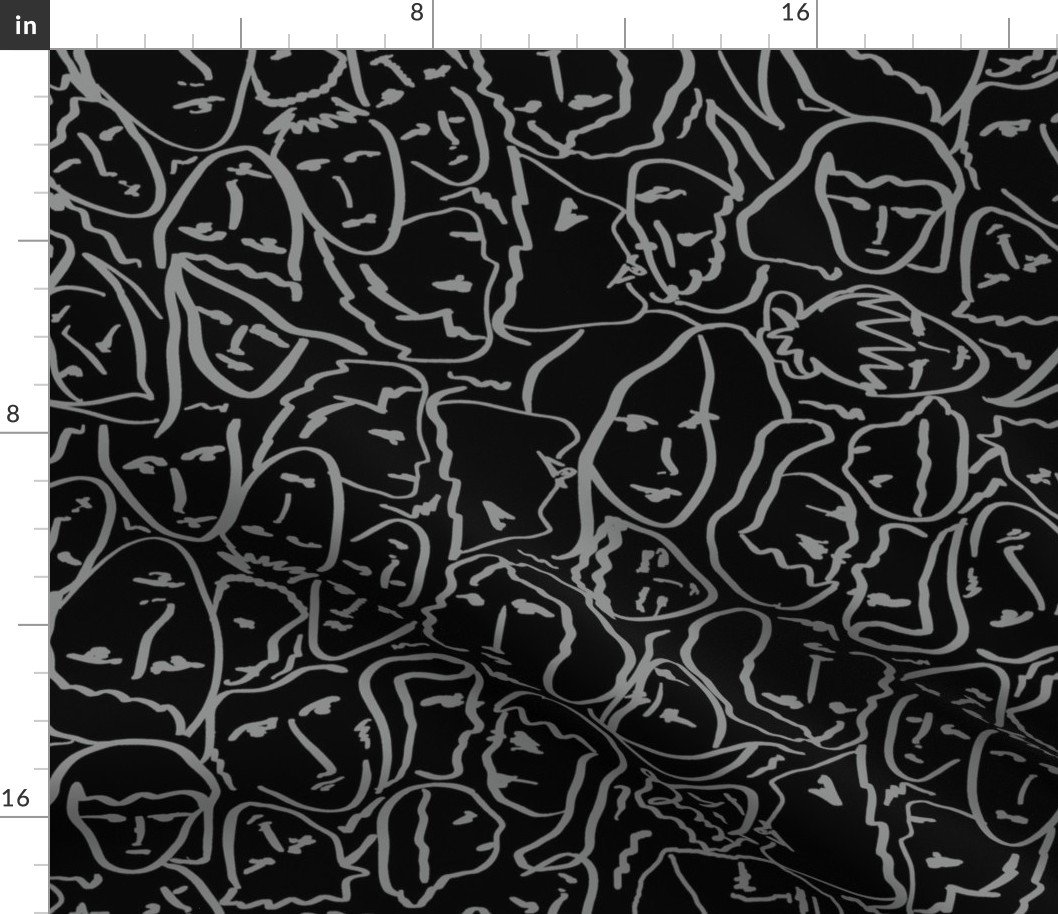 Elio’s Shirt Faces in Faded Vintage Grey Outlines on Black Crying Scene Fabric